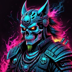 A vibrant, stylized skull warrior with glowing eyes and intricate armor, set against a dark background.