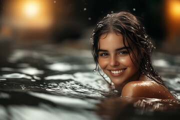 Fototapeta premium Beautiful happy girl swimming in the sea background..