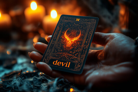 Tarot card of the Devil in a fortune teller hand.