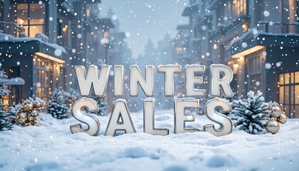 3D text 'Winter Sales' on snow-covered outdoor setting with modern building and warm lights in background. Winter holiday sale concept for banner, poster, and advertisement. Outdoor scene with snow