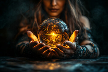 Girl fortune teller holding a divination crystal ball on a magic table background.