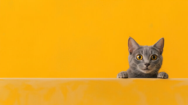 A playful grey cat peeking over the edge of a table