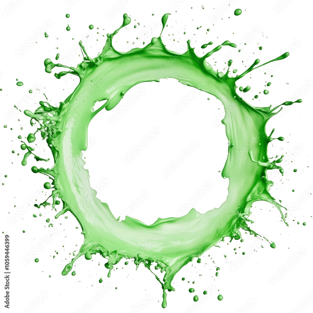 Poster green paint splash in circular motion on transparent background