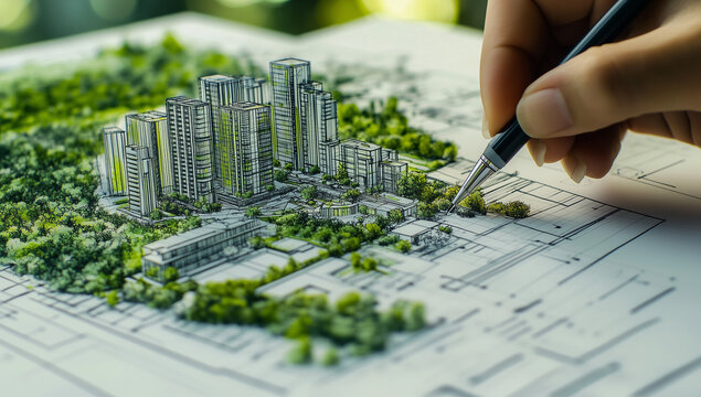 Progettare la citt&agrave; del futuro in modo sostenibile. ESG nelle costruzioni. Piano di costruzione. Matita che progetta la citt&agrave; del futuro.
