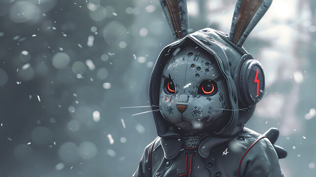 futuristic character design, a half-robot bunny teenage boy wearing an assassins creed hoodie