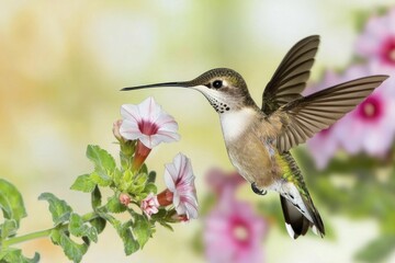 Obraz premium Pollination services showcased through hummingbirds flitting around blooms, vibrant tropical backdrop with striking colors, enhancing intricate features.