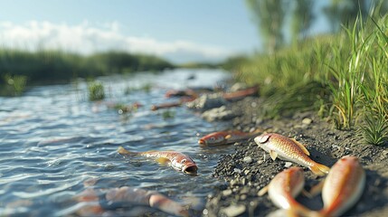 Fototapeta premium Riverbank, murky waters and lifeless fish, signs of an ecological emergency.