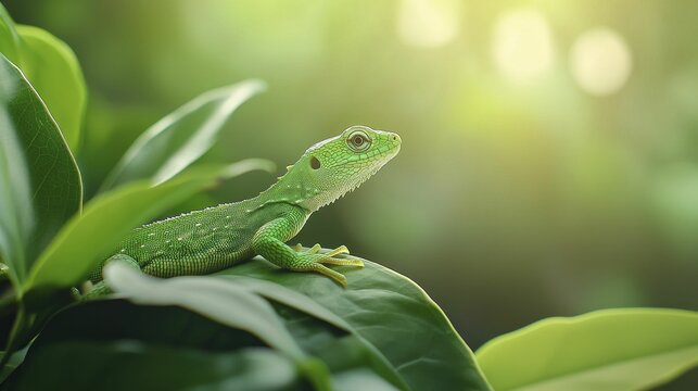 Reptiles exhibiting mimicry strategies by mimicking local flora, subtle lighting, calm mood, tropical setting