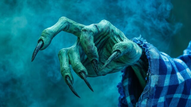 Scary zombie hand emerging from blue smoke with sharp claws