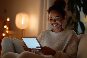 A woman is sitting on a cozy couch, smiling as she uses a tablet in a warmly lit room, exuding a sense of relaxation and digital enjoyment.