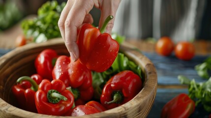A hand reaching out to grab a bright red bell pepper from a wooden bowl.