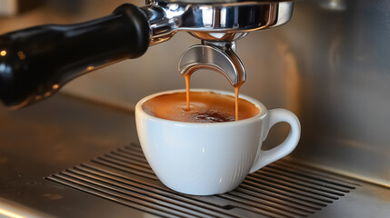 A close-up view of espresso pouring from the spout of a coffee machine, showcasing the deep color and thick crema