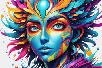 A vibrant, stylized portrait of a woman with colorful, abstract features and patterns.