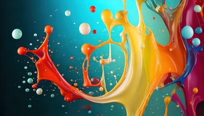 Red, yellow, blue, orange colors, milk drops flowing on 3d, turquoise glowing background