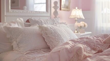 A romantic bedroom adorned with delicate lace ds framing a soft pink accent wall featuring a vintageinspired frame with intricate lace details. The perfect backdrop for a peaceful nights