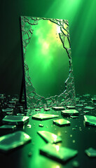 Shattered mirror representing jealousy with green illumination and glass shards scattered