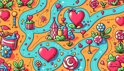 Naklejka premium Doodle Map of a Valentine's Day Wonderland
