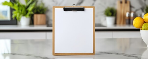 Clipboards on a kitchen counter with fruits in the background, white isolate background.