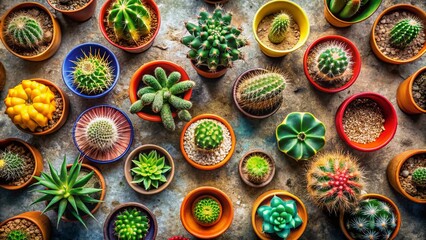 Top View of Assorted Cacti in Colorful Pots &ndash; Perfect for Home Decor, Gardening Inspiration, and Plant Lovers