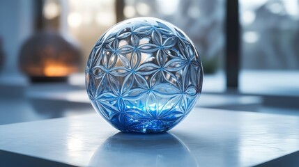 Blue glass sphere shining on table with flower of life pattern
