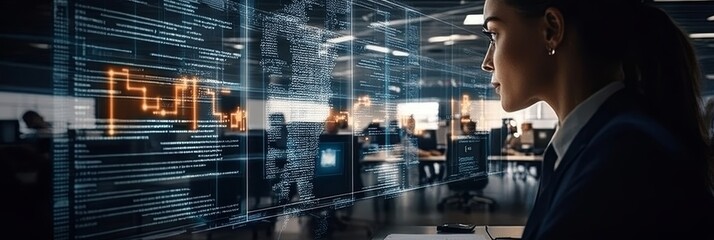 Obraz premium Serious Young Professional Analyzing Holographic Interface with Code in a Dark, High-Tech Office