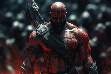 Naklejka premium Muscular bloody barbarian warrior gladiator with a axe on black smoke background.....