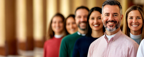 Obraz premium Diverse group of smiling individuals standing in a row, natural indoor setting.