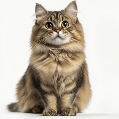 Fototapeta premium Fluffy cat with expressive eyes, white isolated background.