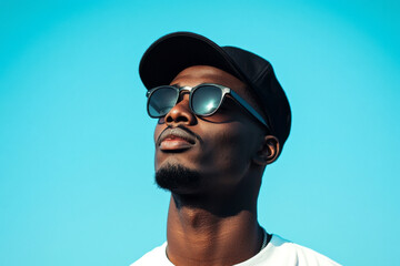Man wearing sunglasses and cap looking up against a clear blue sky.