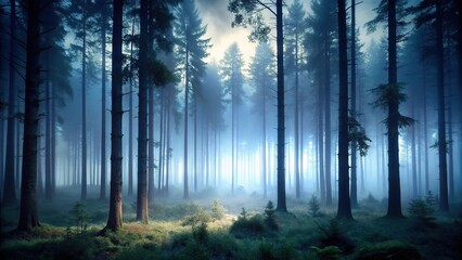 Fototapeta premium Dark forest landscape with tall trees and misty atmosphere at dusk, seclusion, landscape, foggy, trees