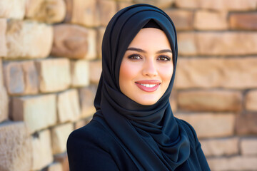Portrait of a cheerful muslim businesswoman wearing hijab standing outside a building