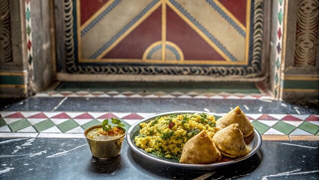 Traditional Mandana Art with Geometric Symmetry and Classic Patterns in Food Photography for Cultural Celebration