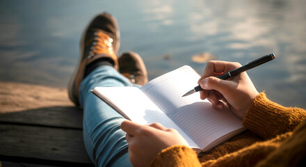 Concept of burnout break, digital detox, stress relief. Journaling by the water: relaxation and reflection outdoors