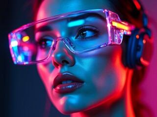 Futuristic neon portrait with transparent eyewear and headphones