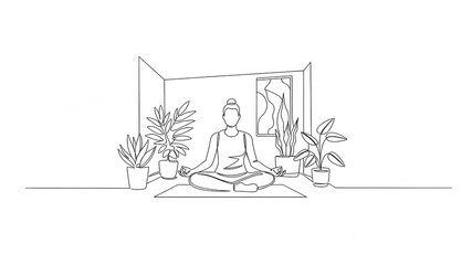 Concept of burnout break, digital detox, stress relief. Minimalist line art of woman meditating among indoor plants