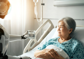 Robot nurse assisting elderly patient in modern hospital setting