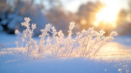 Delicate blades of grass are adorned with frost as the sun rises, casting a warm glow over the winter landscape. This tranquil scene captures the beauty of nature in cold weather.