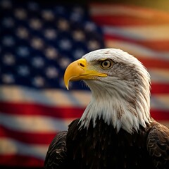Naklejka premium A majestic bald eagle gazes intently with its piercing yellow eyes, set against the backdrop of a blurred American flag