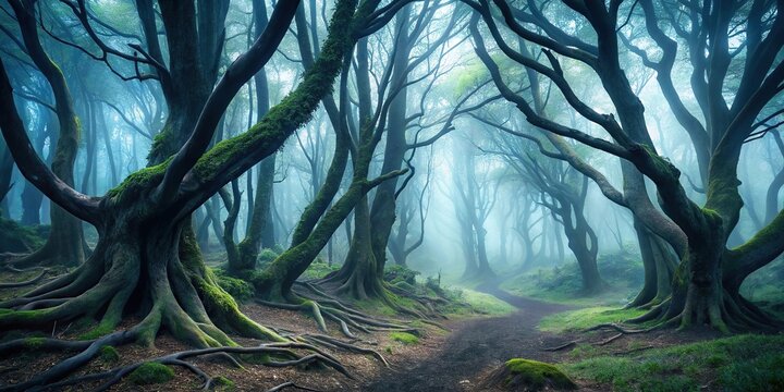 Dark, misty forest scene with twisted tree trunks and underbrush, gnarled branches, overgrown vegetation, woodland setting, twisted trees