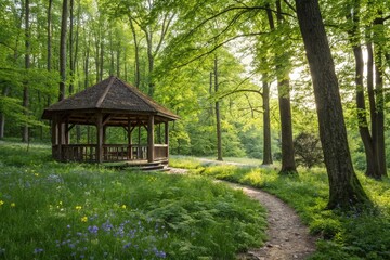 Tranquil Wooden Gazebo Retreat in Lush Forest Setting - Ideal for Relaxation and Nature Escapes