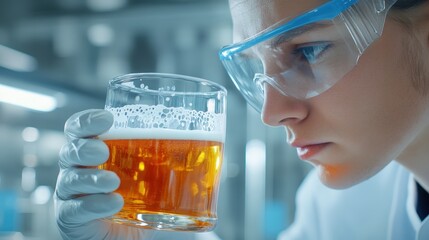 Scientist analyzing a beer sample in a laboratory environment