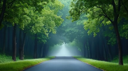 Obraz premium Scenic road surrounded by lush trees under a peaceful misty atmosphere.