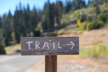 Trail sign adjacent to parking lot with arrow.  Forest mountain backdrop.  