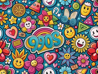 Trendy 90s Doodle Icons Seamless Pattern | Colorful Retro Cartoon Stickers with Flowers, Happy Faces, and Butterflies | Vintage Groovy Art Wallpaper for Fun Designs