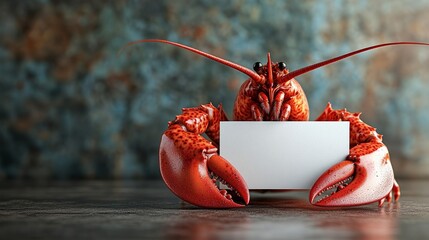 Cooked lobster holding blank business card on dark background
