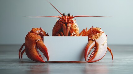 Lobster holding blank white card on gray background