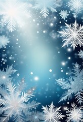Snowy frosty background with beautiful snow patterned snowflakes