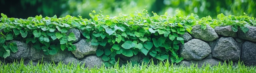 Obraz premium Lush green leaves adorn a rustic stone wall, captivating scene of nature's embrace and timeless beauty