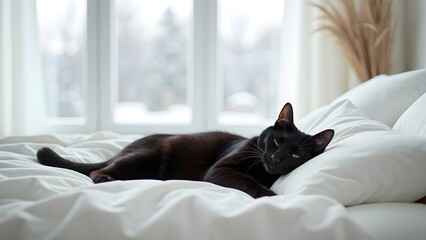 Close up of a black cat naping on the white bed in total white bedroom. Panoramic windows with winter background. Black and white concept, contrast