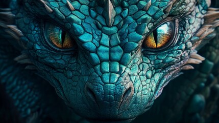 Fototapeta premium Close-Up of Mythical Blue Dragon Face with Piercing Golden Eyes, Digital 3D Illustration